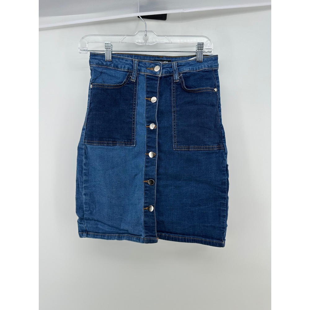 Fashion Nova Two Tone Denim Mini Skirt Blue Colorblock Button Front Size L 30